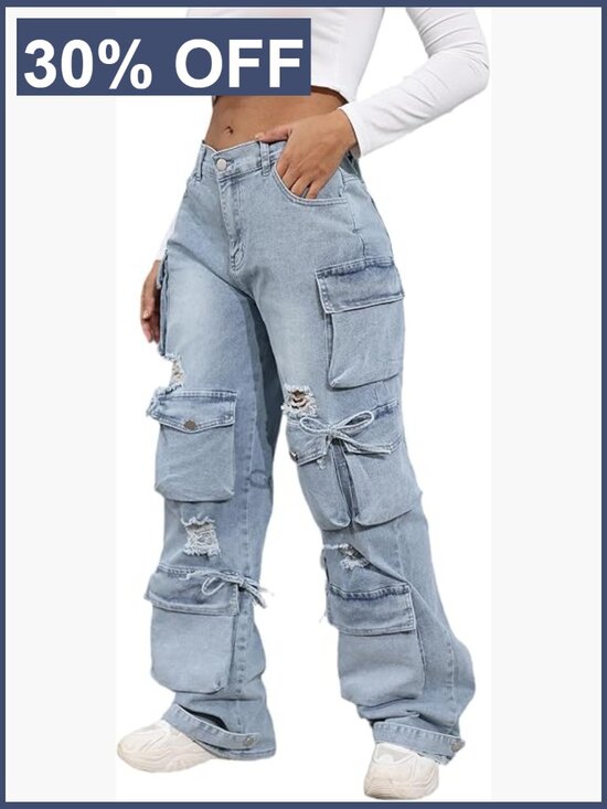 Denim - Y2K Baggy Cargo Jeans High Waist Wide Leg Streetwear Pants with Pockets